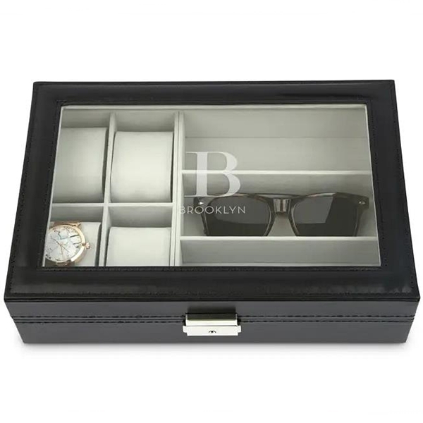 Modern Serif Monogram Black Faux-Leather Watch & Sunglasses Travel Box