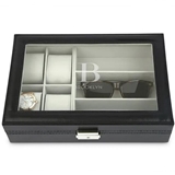 Modern Serif Monogram Black Faux-Leather Watch & Sunglasses Travel Box