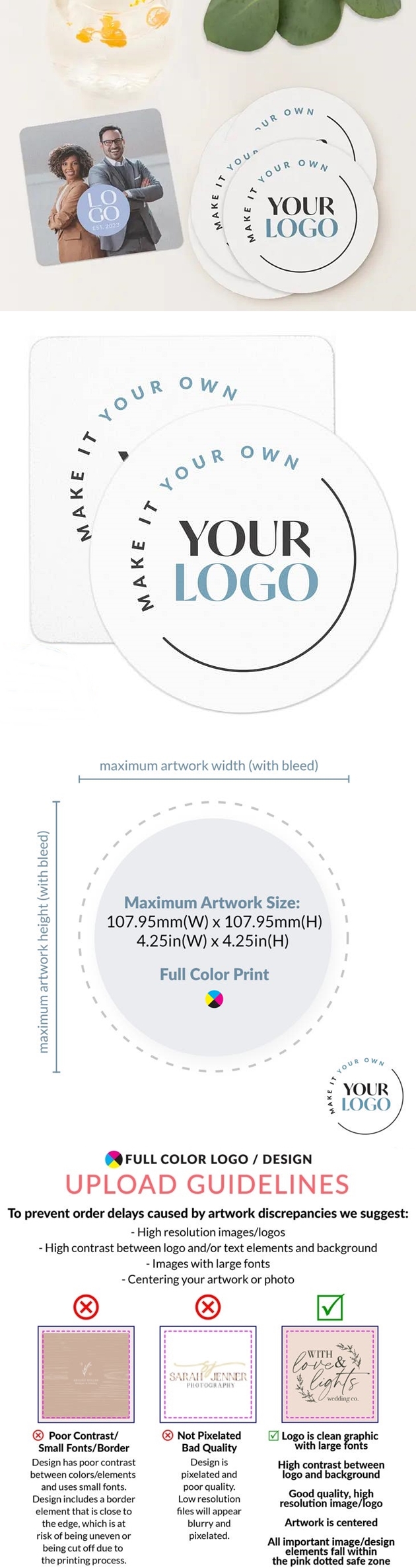 'Make it Your Own' Logo/Design Custom-Printed Paper Pulpboard Coasters (2 Shapes)