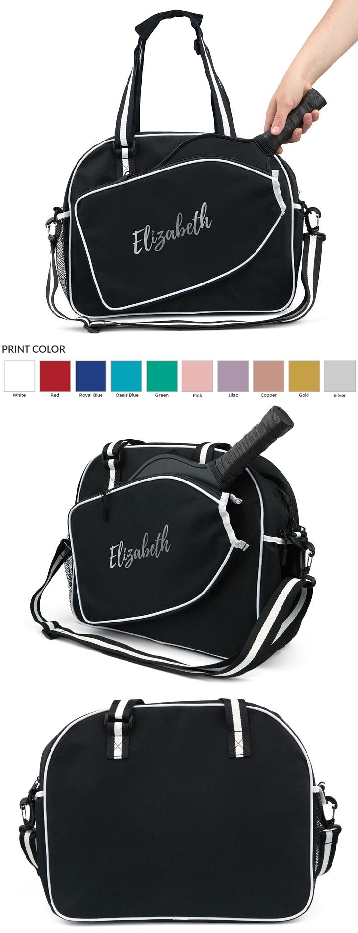 Personalized Black & White Pickleball Bag with Paddle Holder - Calligraphy Name