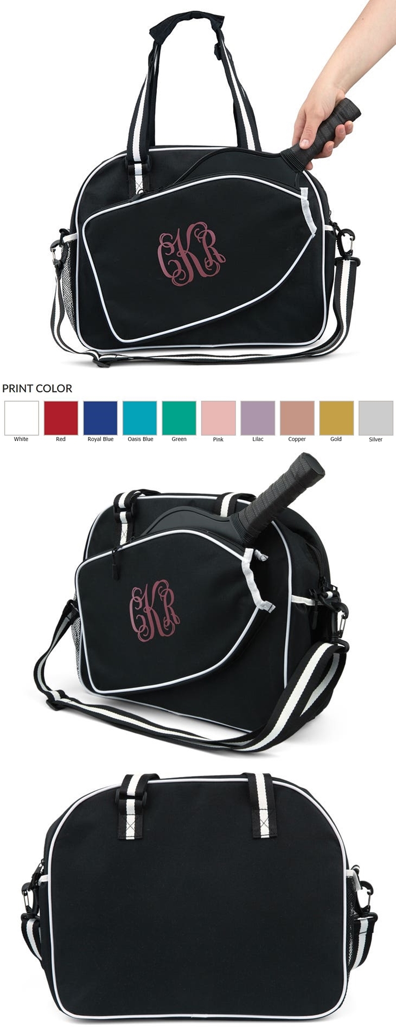 Personalized Black & White Pickleball Bag with Paddle Holder - Script Monogram