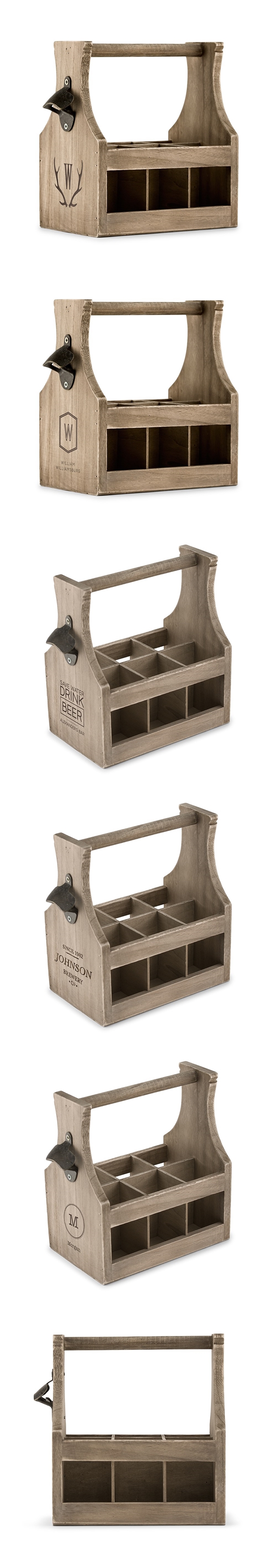 Personalizable Wood Bottle Caddy with Bottle Opener (5 Designs)