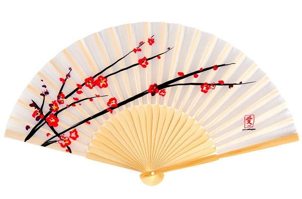 Bamboo-Ribbed Cherry Blossom Print Silk Hand Fans (Set of 6)