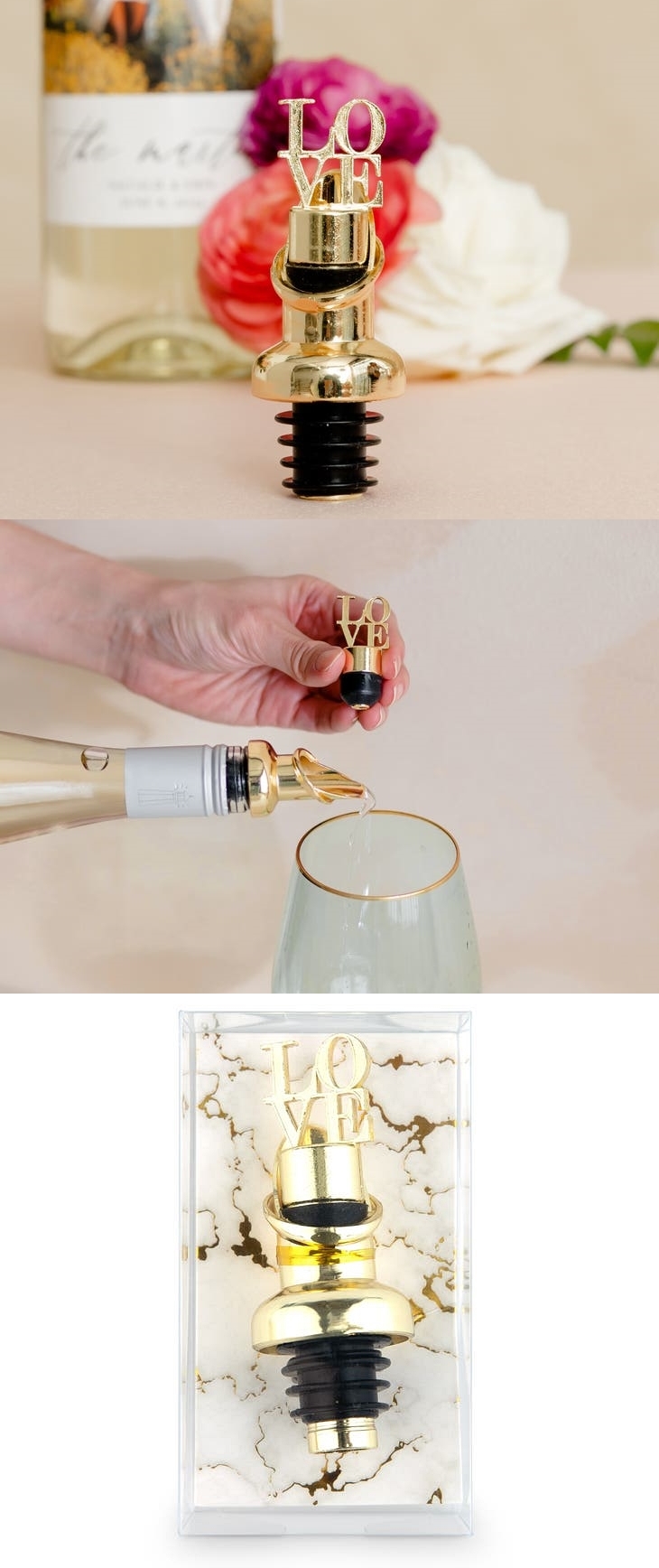 Iconic Stacked LOVE Design Gold-Metal Wine Bottle Stopper and Pourer