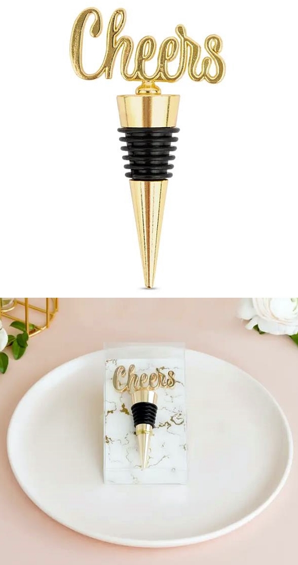 Gold Script Cheers-Topped Wine Stopper in Designer Gift Packaging