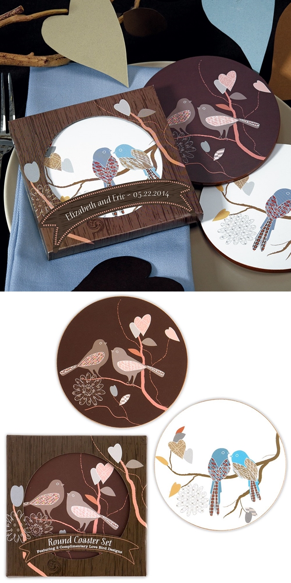 Personalized Love Birds Cork-Backed Coaster Set in Gift-Box (Set of 2)