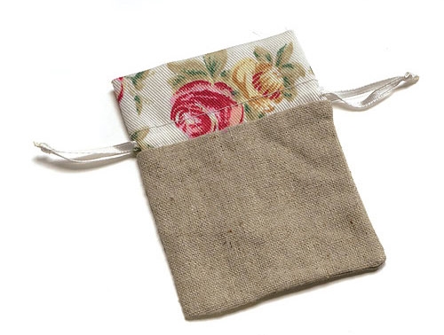 Mini Linen Drawstring Pouches with English Tea Rose Trim (Set of 12)