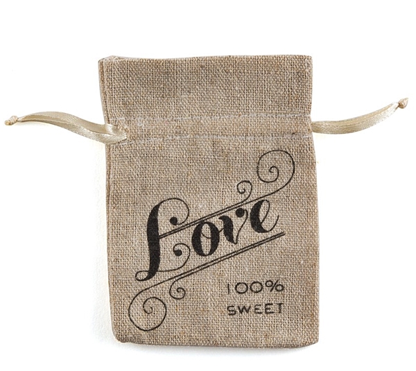 Mini Linen Drawstring Pouch with Vintage Love Print (Package of 12)