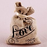 Mini Linen Drawstring Pouch with Vintage Love Print (Package of 12)