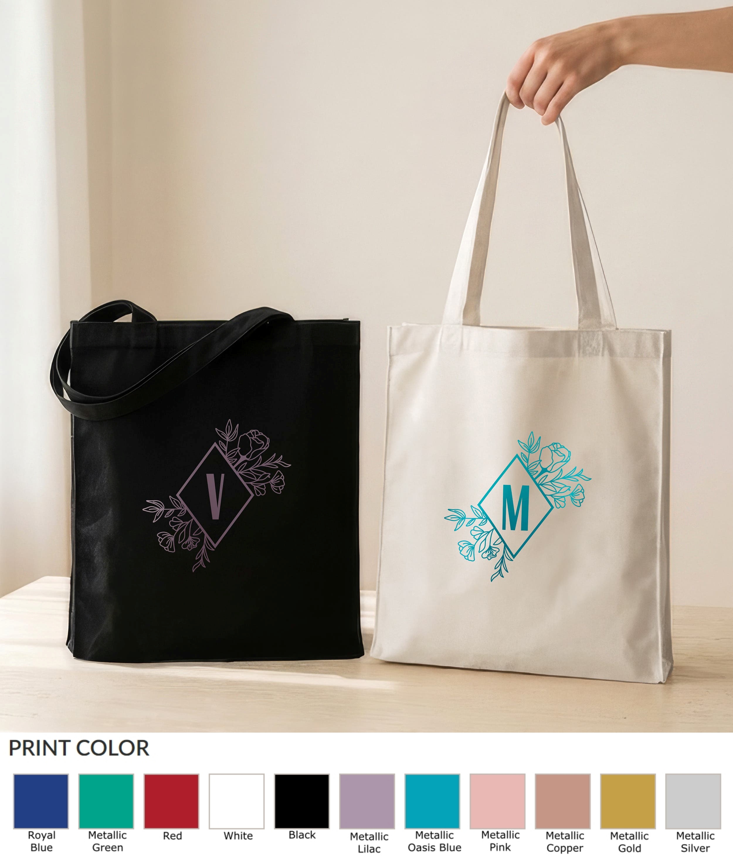 Floral Monogram Design Custom Metallic-Printed Canvas Tote Bag with Handles