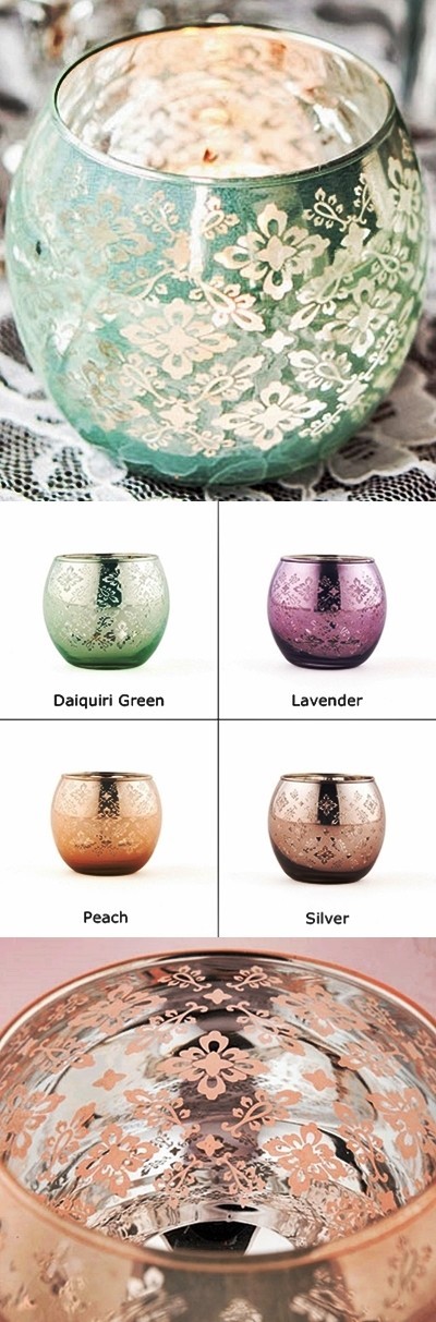 Large Green-Glass Globe Holder with Reflective Lace Pattern (Set of 4)