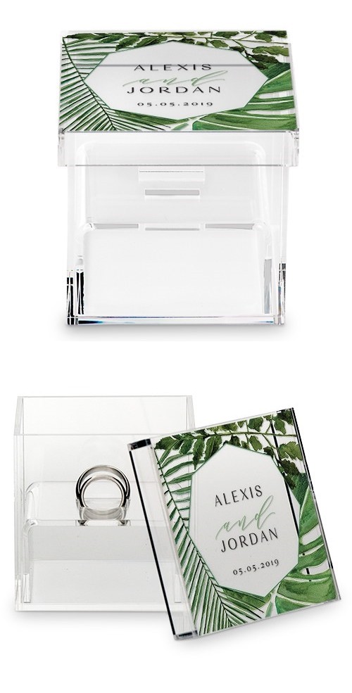 Personalized Acrylic Wedding Ring Box with Greenery Printing
