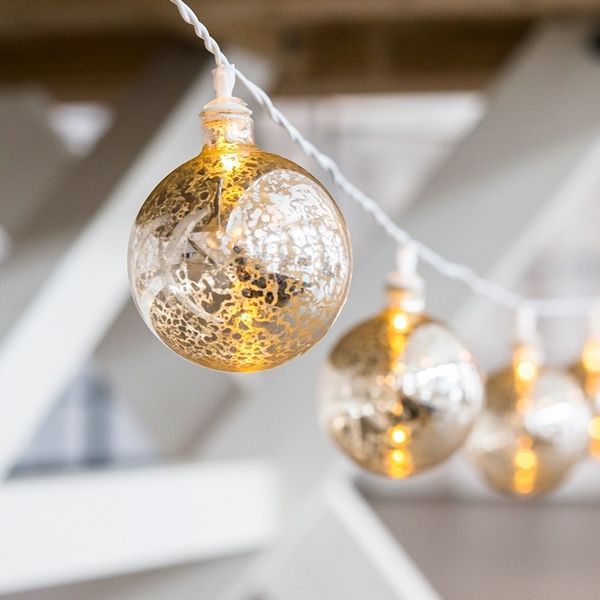 Battery-Powered LED String of Lights with Mercury Glass Globes