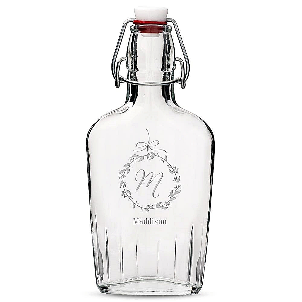 Personalized Swingtop Glass Hip Flask with Monogram Botanical Wreath Engraving