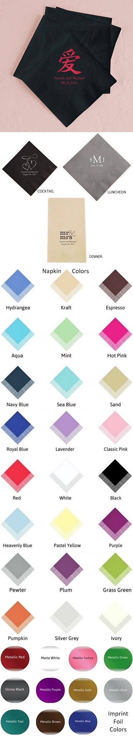 Chinese Love Symbol Design Foil-Printed Napkins (3 Sizes) (25 Colors)