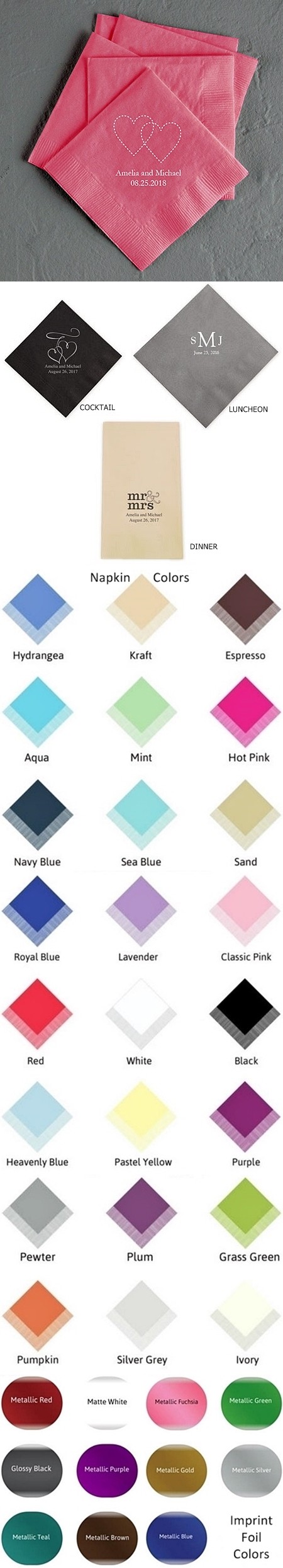 Linked Dashed Hearts Design Foil-Printed Napkins (3 Sizes) (25 Colors)