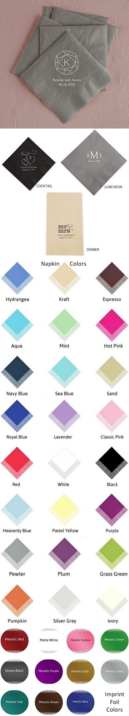 Gemstone Initial Design Foil-Printed Napkins (3 Sizes) (25 Colors)