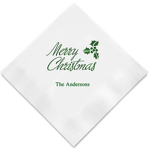 Merry Christmas Holly Motif Foil-Printed Napkins (3 Sizes) (25 Colors)