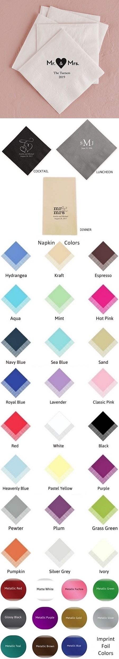 Mr. & Mrs. Heart Design Foil-Printed Napkins (3 Sizes) (25 Colors)