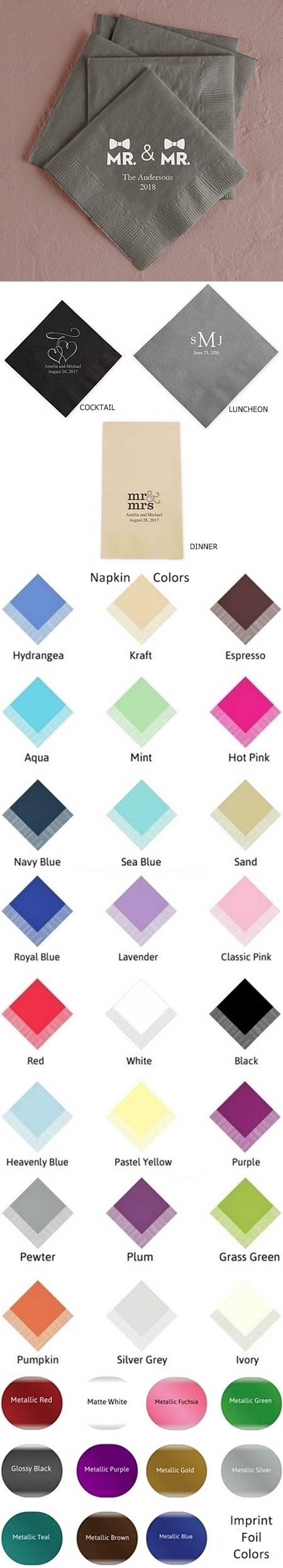 Mr & Mr Double Bowtie Design Foil-Printed Napkins (3 Sizes)(25 Colors)