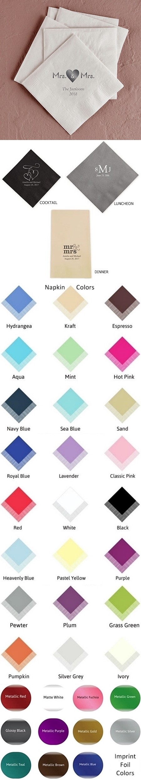 Mrs. & Mrs. Heart Design Foil-Printed Napkins (3 Sizes) (25 Colors)