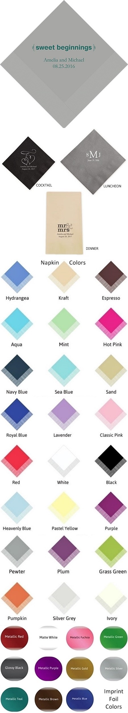 Sweet Beginnings Design Foil-Printed Napkins (3 Sizes) (25 Colors)