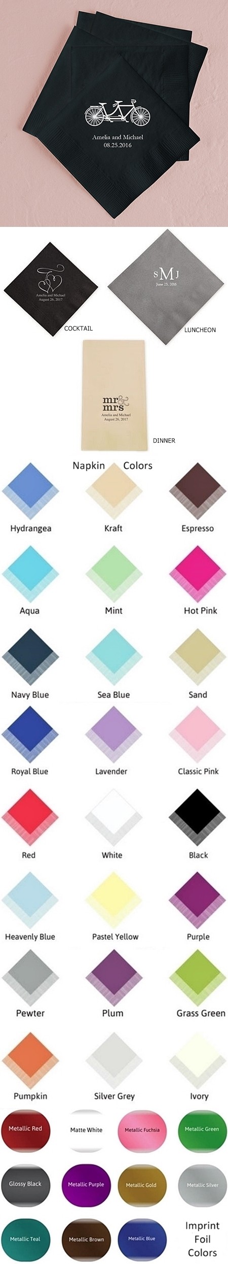 Tandem Bike Design Foil-Printed Napkins (3 Sizes) (25 Colors)