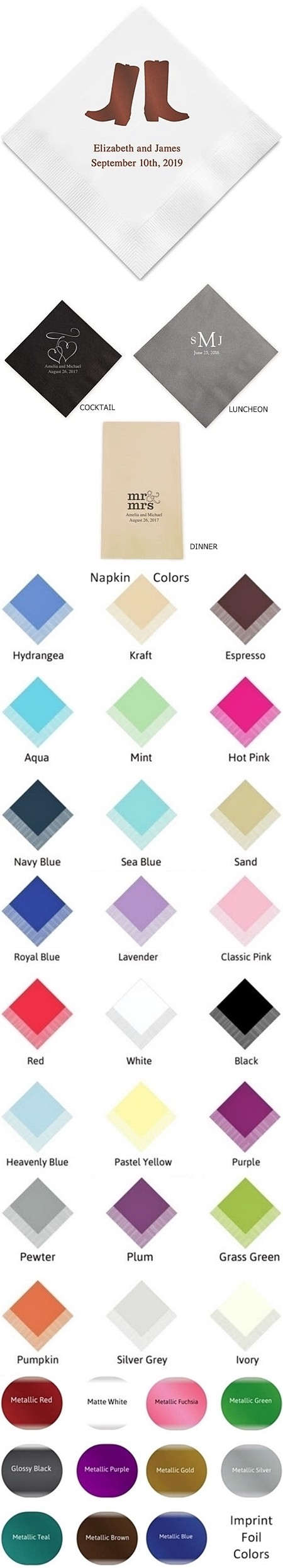 Western Boots Flutes Design Foil-Printed Napkins (3 Sizes) (25 Colors)