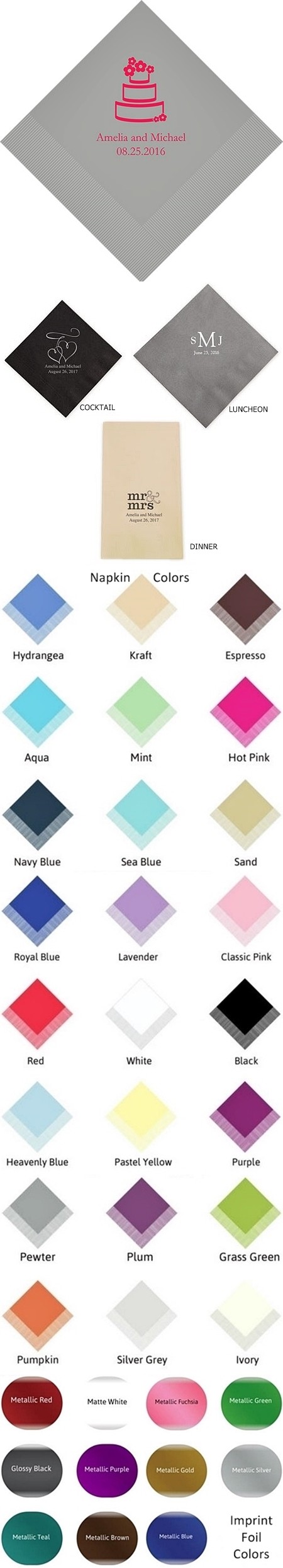 Stylized Wedding Cake Motif Foil-Printed Napkins (3 Sizes) (25 Colors)