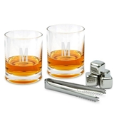 Engraved 11oz Whiskey Glasses with Whiskey Stones - Sans Serif Monogram