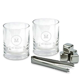 Engraved 11oz Whiskey Glasses with Whiskey Stones - Circle Monogram