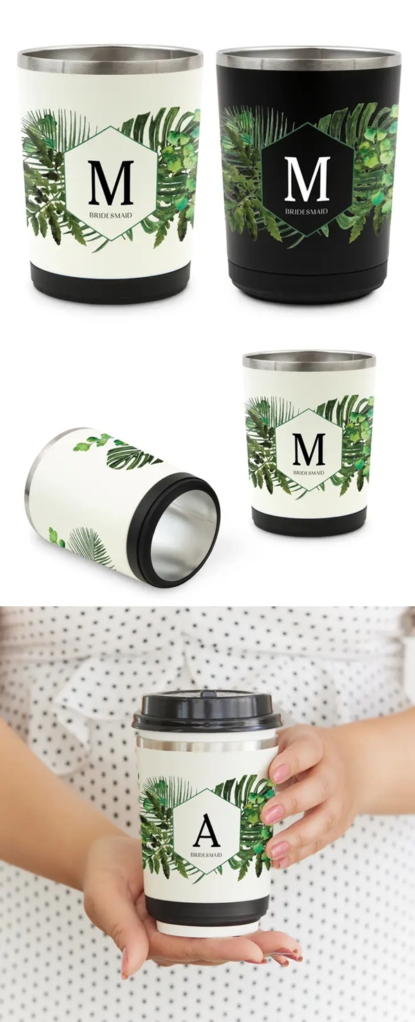 Custom Printed Reusable Metal Coffee Cup Sleeve - Greenery Monogram