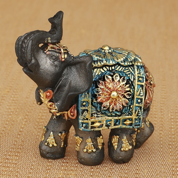 Mini Size Mahogany Brown Elephant with Colorful Headdress and Blanket