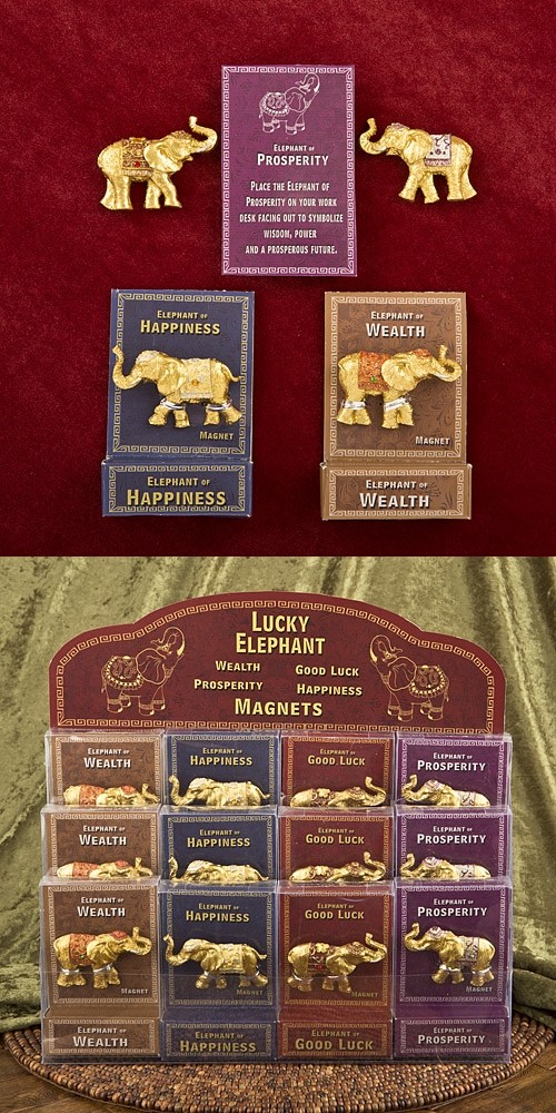 Lucky Golden Elephants with Upswung Trunks Magnets (Set of 12)