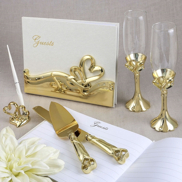 FashionCraft Gold Double Heart Themed Wedding Accessory Set