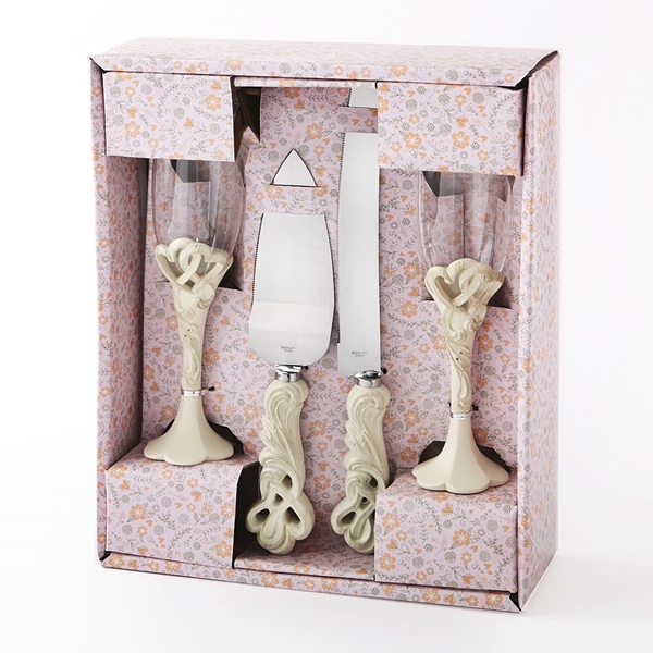 FashionCraft Double Heart 4-Piece Toasting Glasses and Cake Server Set