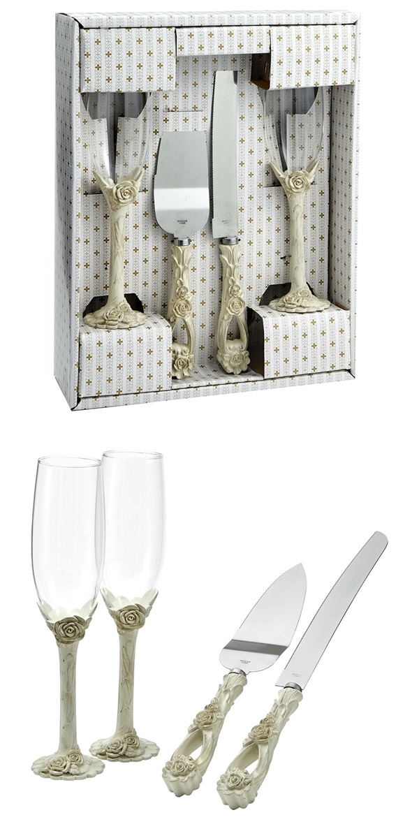 FashionCraft Vintage Rose 4-Piece Cake Server and Champagne Flutes Set