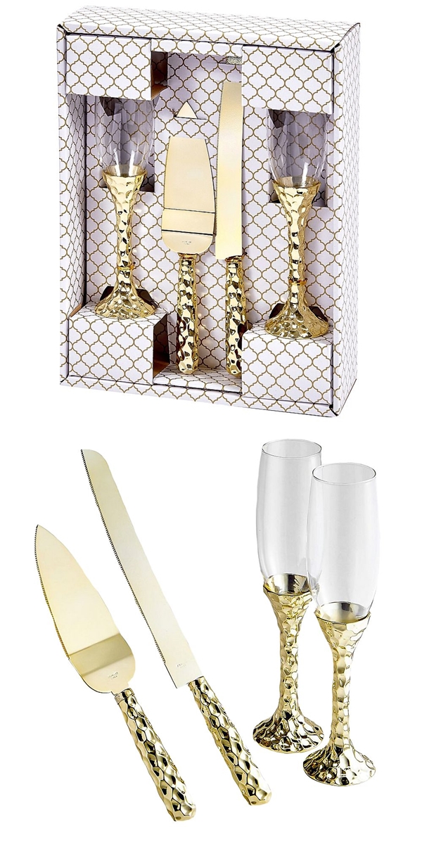 FashionCraft Hammered Gold 4-Piece Cake Serving and Glass Flutes Set
