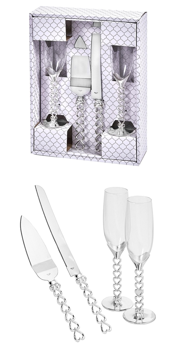 FashionCraft Heart to Heart Silver-Colored 4-Piece Glass & Server Set