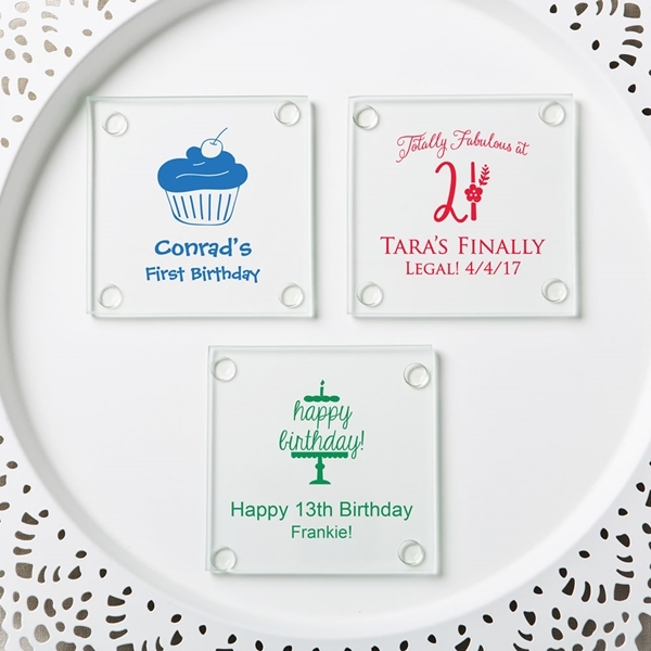 Personalized Silkscreened Glass Coasters with Birthday Designs