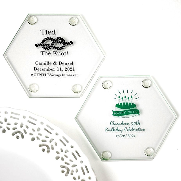 Personalized Silkscreened Hexagonal Glass Coasters for All Occasions