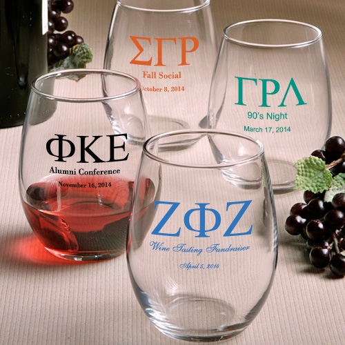 Personalized Stemless 9 Ounce Wine Glasses with Greek Designs