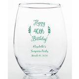 Personalized Birthday Wheat Laurel Design 15 ounce Stemless Wine Glass