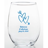 Personalized Double Hearts & Arrow Design 15 ounce Stemless Wine Glass