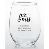 Personalized Mr. & Mrs. Script Design 15 ounce Stemless Wine Glass