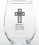 FashionCraft Personalized 15oz Ornate Cross Design Stemless Wine Glass