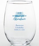 Personalized 15oz 'Our Greatest Adventure' Design Stemless Wine Glass