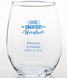 Personalized 15oz 'Our Greatest Adventure' Design Stemless Wine Glass