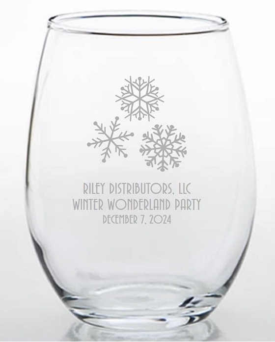 Personalized Winter Snowflakes Motif 15 ounce Stemless Wine Glass