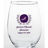 Personalized Wheat Wreath Monogram Design 15oz Stemless Wine Glass